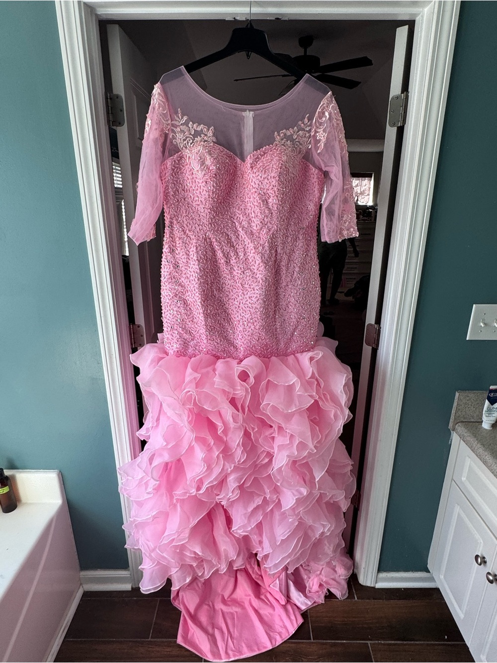 Romantic Pink Ruffled Lace Wedding Gown